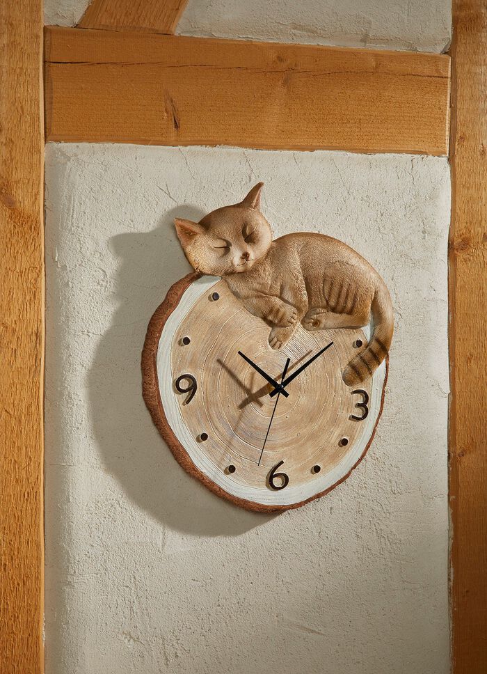 Wanduhr mit Katze in Baumscheibenoptik 