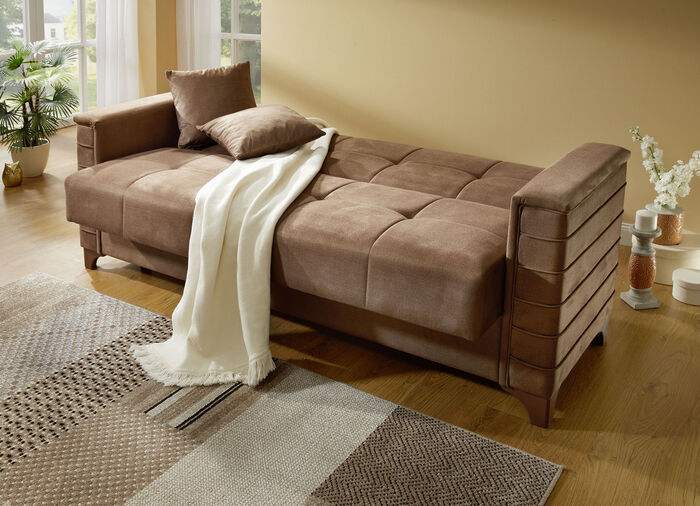 Frei im Raum aufstellbares Schlafsofa mit Dekokissen BEIGE