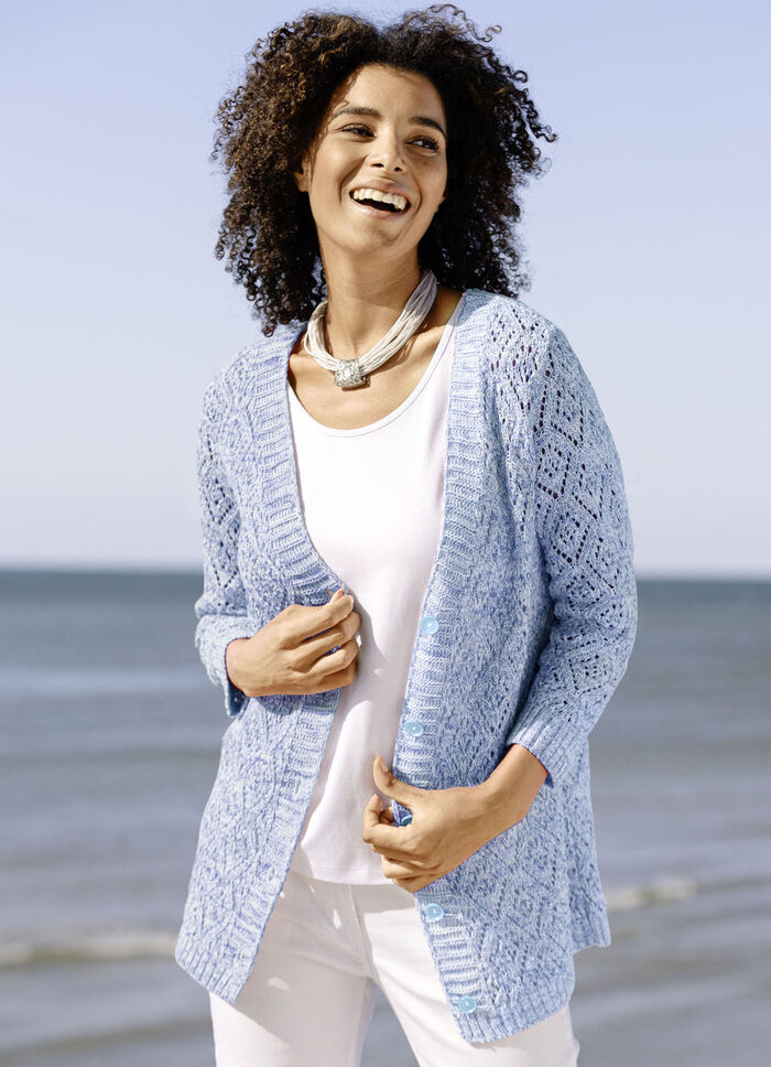 Strickjacke aus Melangegarn BLAU-WEISS