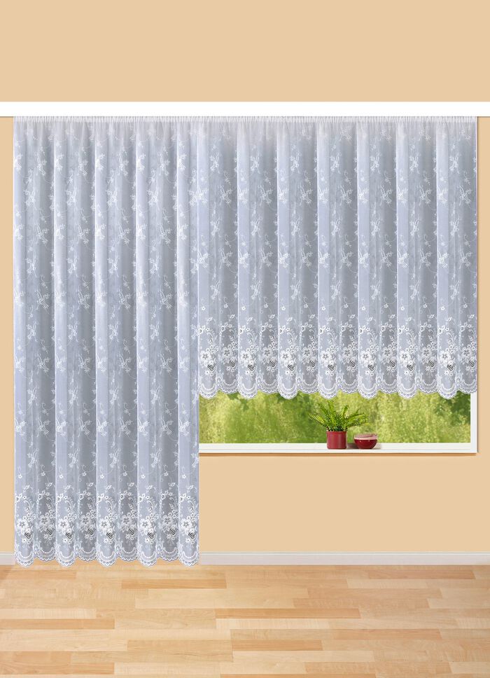Vorhang mit Plauener Stickerei und Universalschienenband WEISS