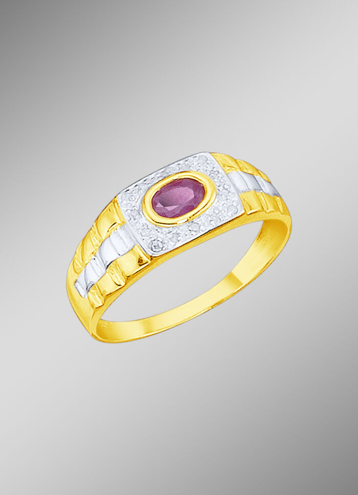 Massiver Partnerring mit 14 Diamanten und echtem Rubin 