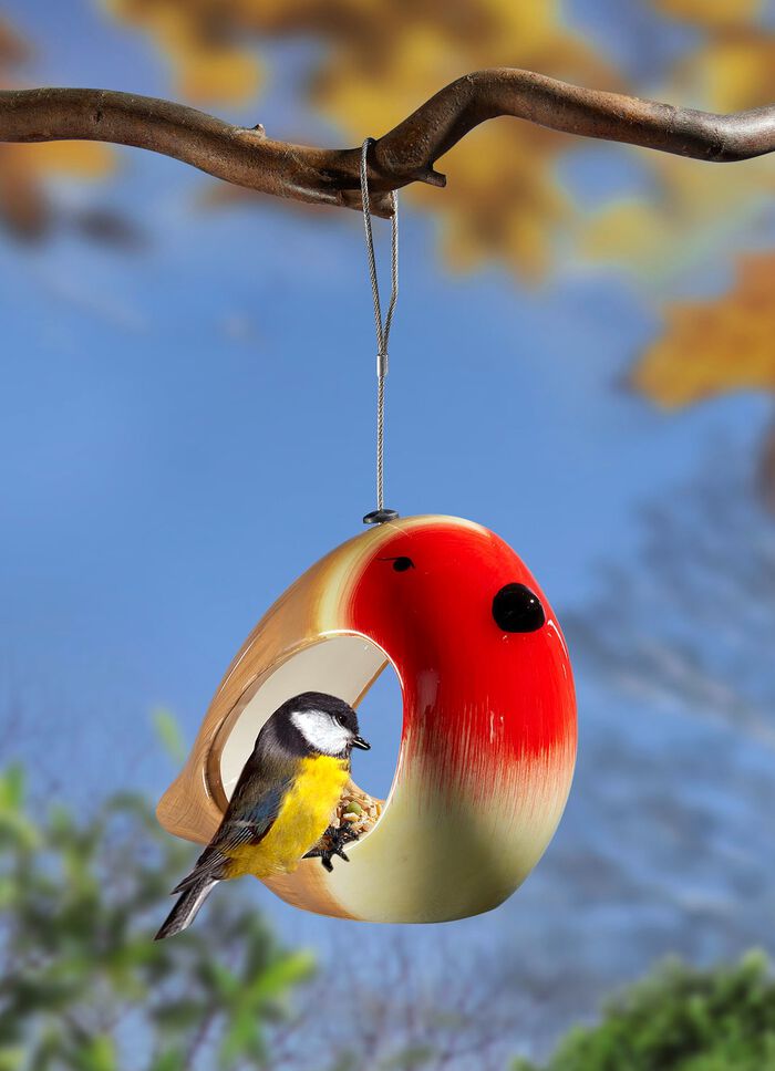 Handbemalte Futterstelle Vogel aus Keramik ROT