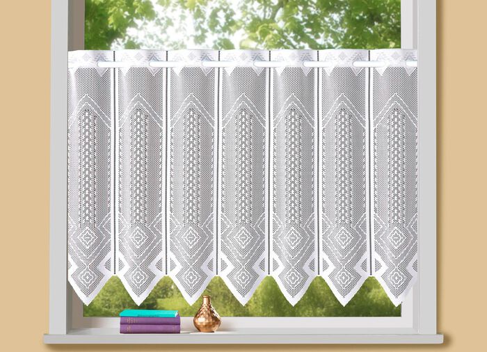 Kurzvorhang mit grafischem Muster und Stangendurchzug 