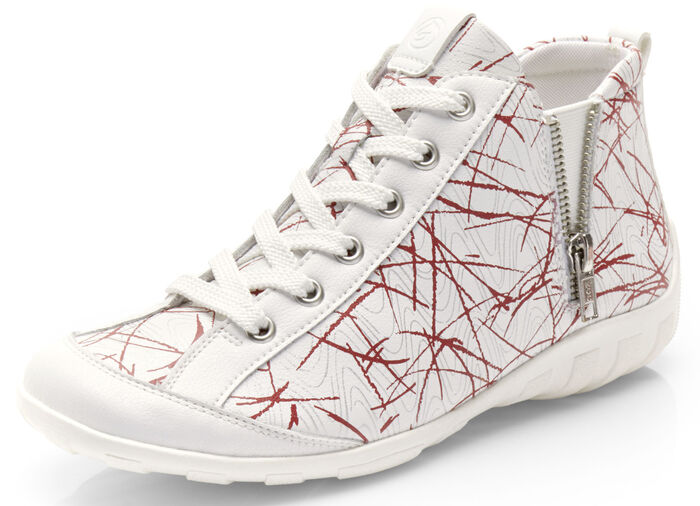 Remonte Schn&uuml;r-Stiefelette aus effektvoll bedrucktem Nappaleder WEISS-ROT
