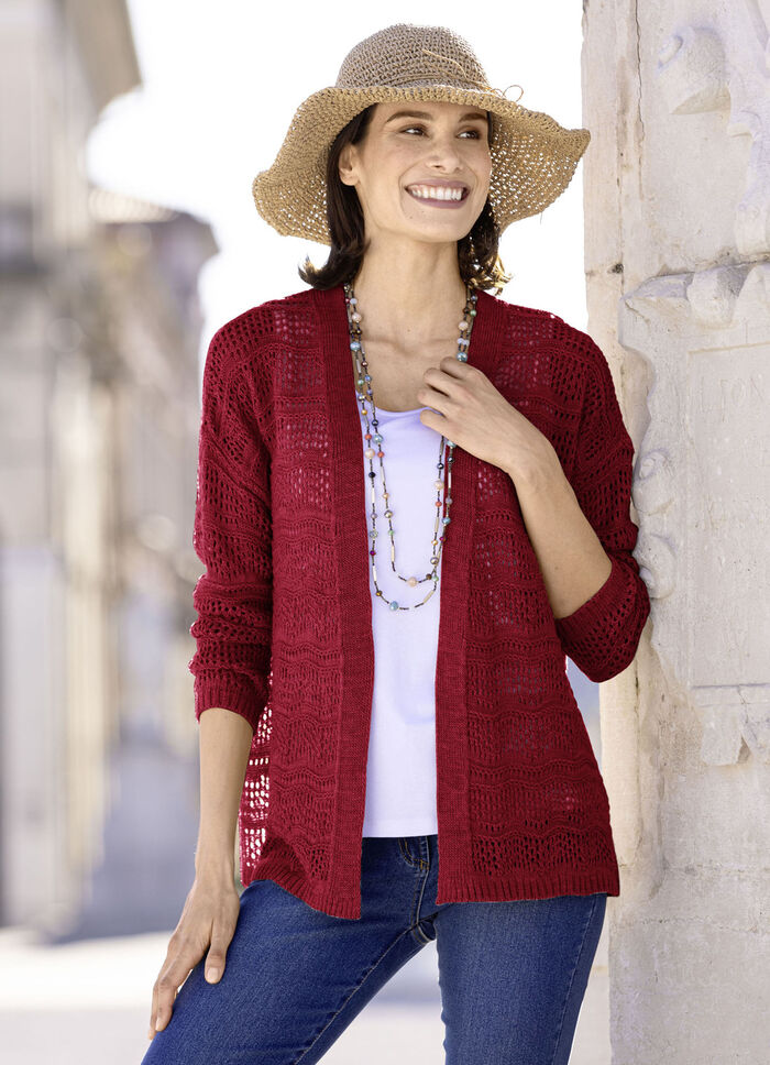 Strickjacke in feinem Netzstrick KIRSCHROT