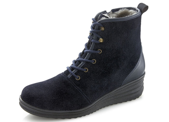Schn&uuml;r-Stiefelette mit echtem Lammfellfutter DUNKELBLAU