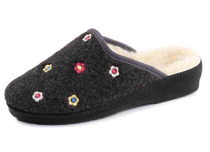 Gef&uuml;tterte Damen-Hausschuhe, mit Schurwolle ANTHRAZIT