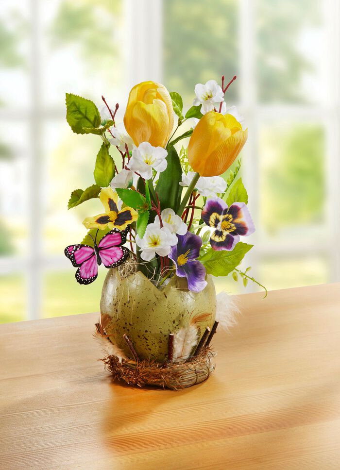Tulpen/Stiefm&uuml;tterchen-Gesteck im Ei-Topf 