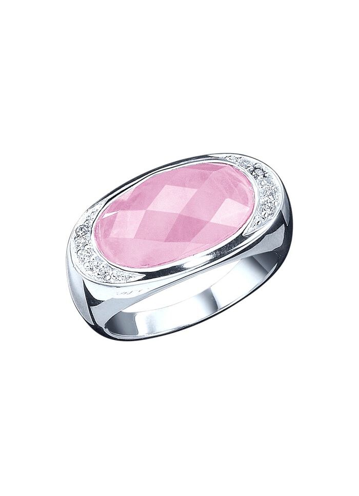 Damenring mit echt Rosenquarz und synthetische Zirkonia 