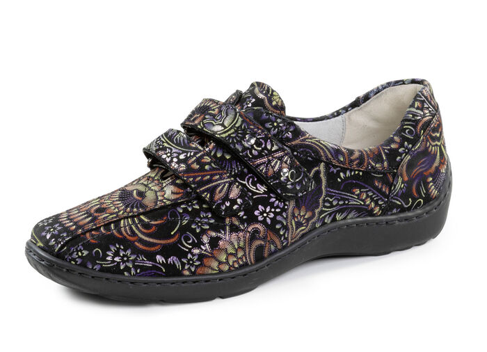 Waldläufer, bequeme Damen-Slipper, Weite H, mit herausnehmbarem Fussbett SCHWARZ-BUNT