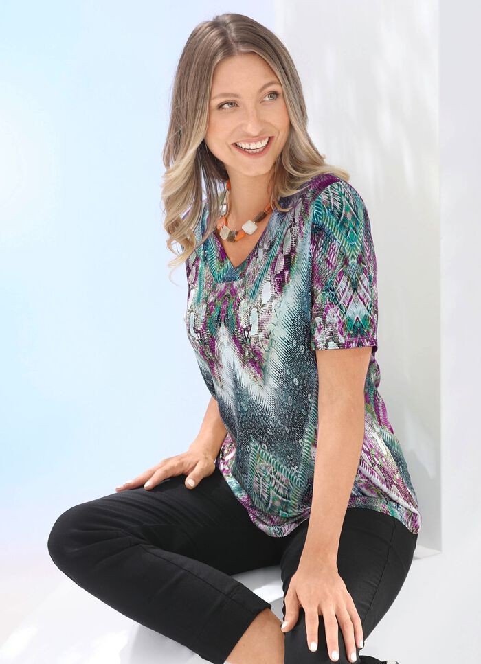 Shirt mit V-Ausschnitt GR&Uuml;N-LILA-BUNT