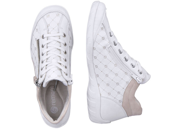 Remonte Schnür-Bootie aus bedrucktem und metallisch schimmerndem Synthetikmaterial WEISS-PUDERROSÉ