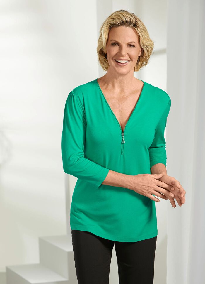 Shirt mit Reissverschluss am V-Ausschnitt in 3 Farben GR&Uuml;N