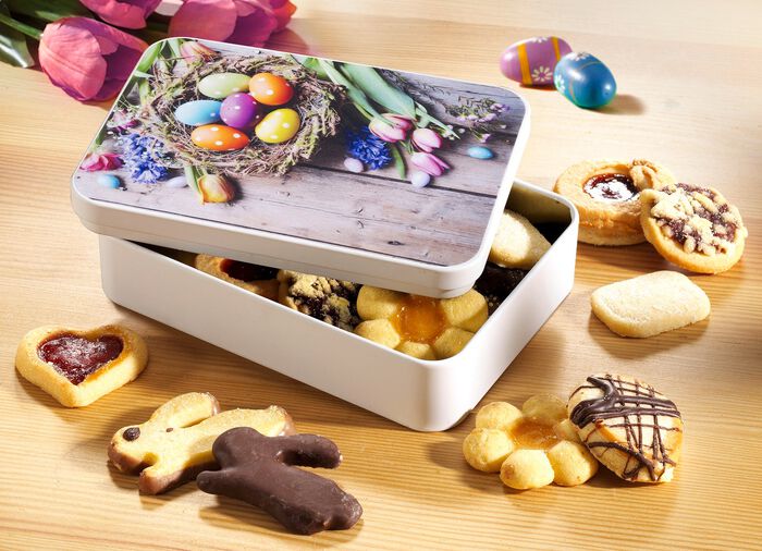 Metalldose mit Ostergeb&auml;ck 