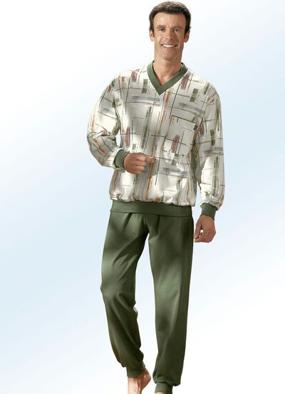 Pyjama mit Alloverdessin, V-Ausschnitt und Bündchen, , large