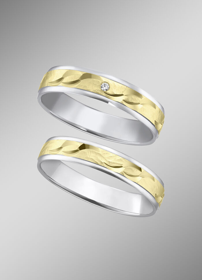 Trauring in Bicolor mit geh&auml;mmerten Glanzschnitten 