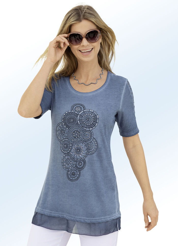 Longshirt mit Spitzeneinsatz an den Ärmeln in 3 Farben JEANSBLAU