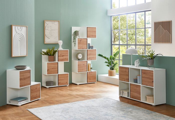 Raffinierte und moderne Regalserie WEISS-ARTISAN EICHE
