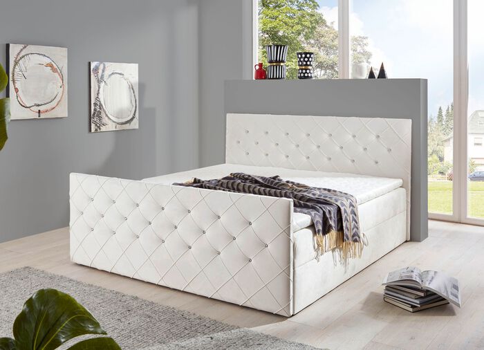Boxspringbett mit Strasssteinen und Topper CREME