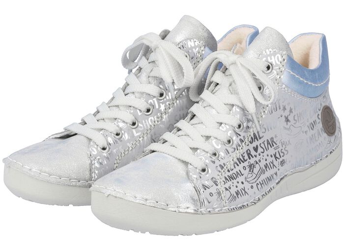 Rieker Schn&uuml;r-Bootie aus originell bedrucktem Synthetikmaterial SILBERGRAU-BLEU