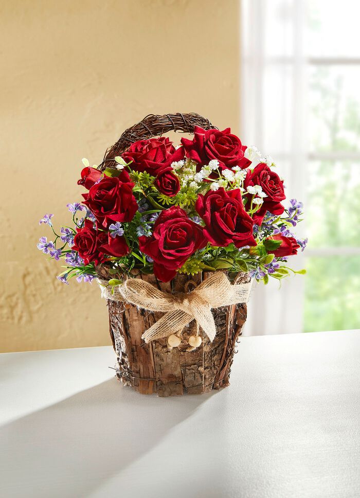 Wildrosen-Gesteck in Topf aus Rinde 