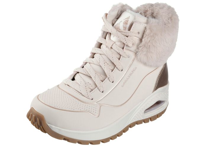 SKECHERS, gef&uuml;tterte Damen-Boots, Winterschuhe, mit flauschigem Pl&uuml;schkragen ECRU