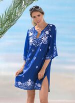 Tunika mit weisser Stickerei sowie Seitenschlitzen, reine Baumwolle ROYALBLAU-WEISS