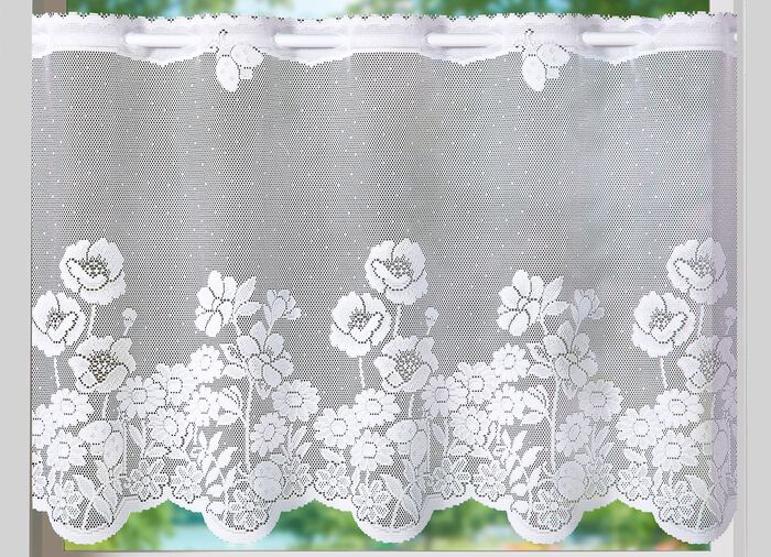 Kurzvorhang Blumenwiese mit Stangendurchzug WEISS