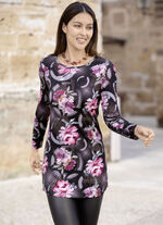Longshirt mit farbbrillantem Allover-Druck SCHWARZ-FUCHSIA-GRAU