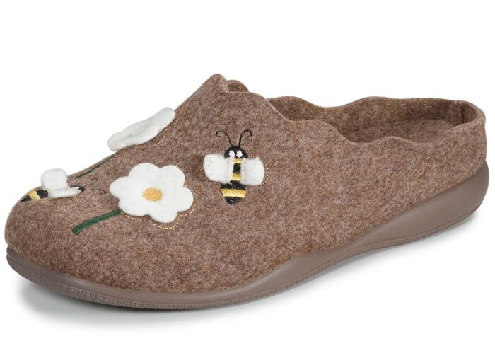 Laurina Filz-Pantoffel mit s&uuml;sser Applikation und Stickerei NATURBRAUN