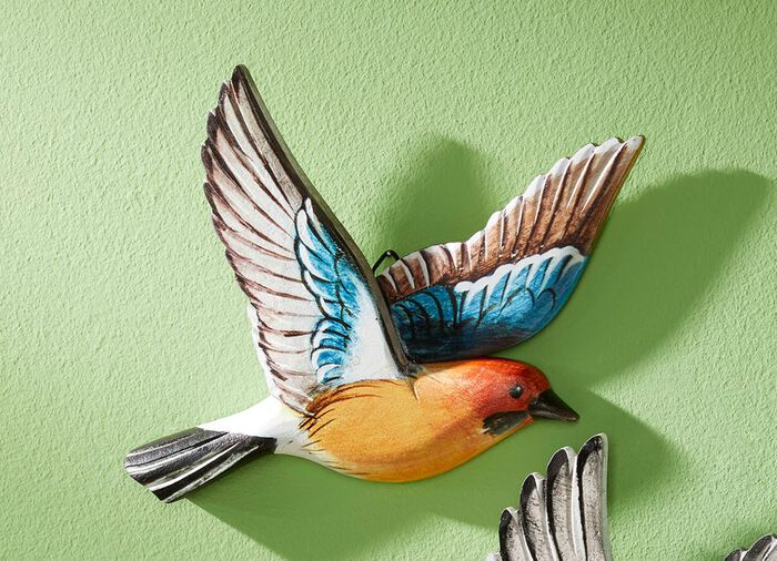 Handbemalte Wanddekoration Vogel ORANGE-BRAUN-BLAU