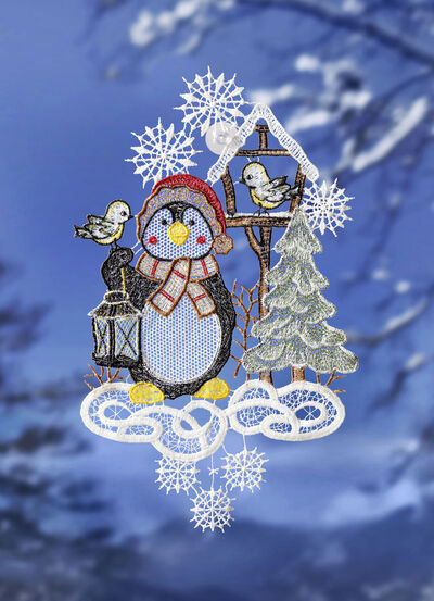 Fensterbild Pinguin aus echter Plauener Spitze 