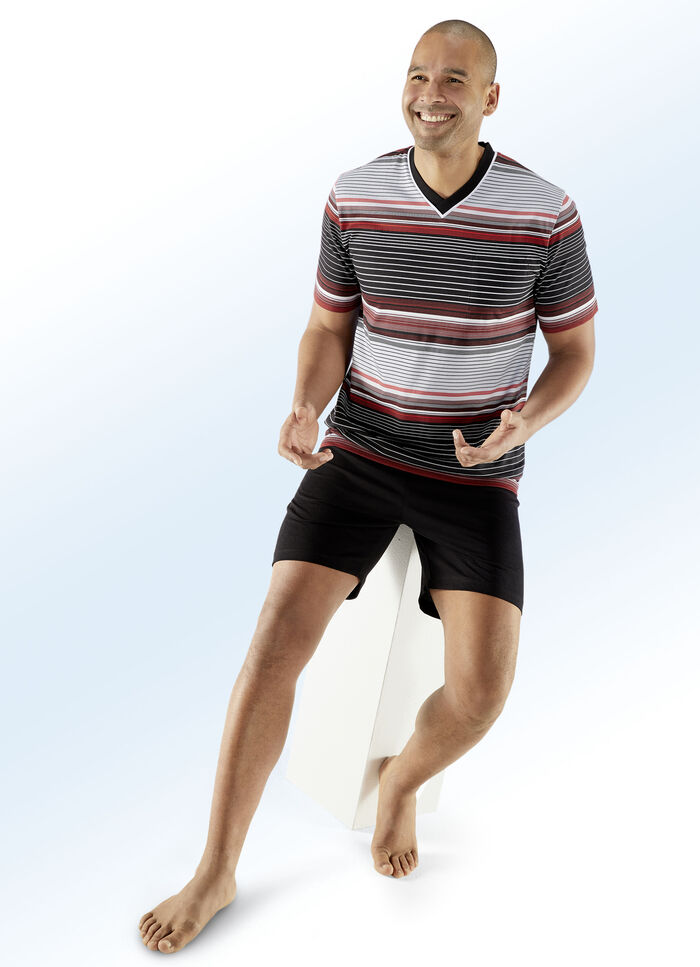 Shorty mit V-Ausschnitt, Ringeldessin und Brusttasche SCHWARZ-ROT-GRAU