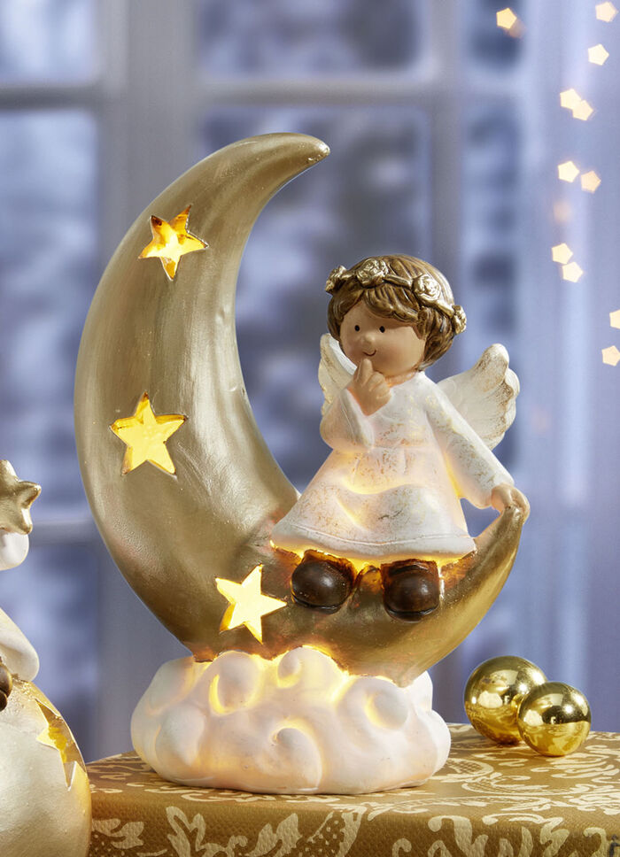 Beleuchteter Engel aus Keramik WEISS-GOLD