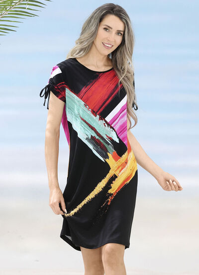 Laurina Kleid mit Druckdessin und raffbaren Ärmeln, , large