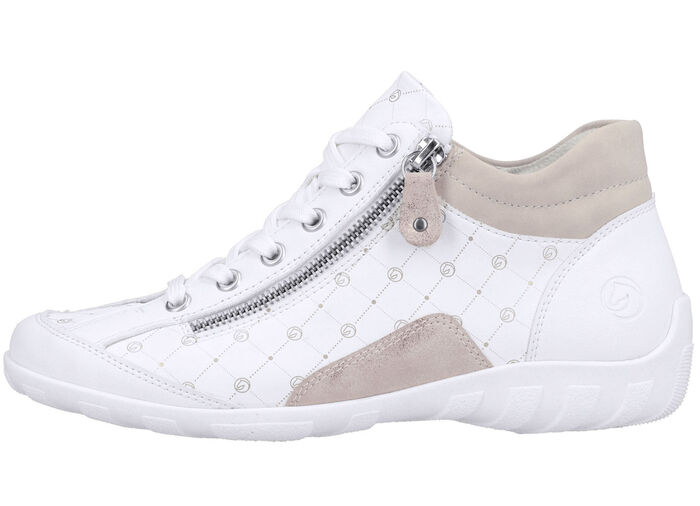 Remonte Schnür-Bootie aus bedrucktem und metallisch schimmerndem Synthetikmaterial WEISS-PUDERROSÉ