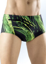 Badehose in höherer Slipform mit buntem Druckdessin allover SCHWARZ-GRÜN-GELB