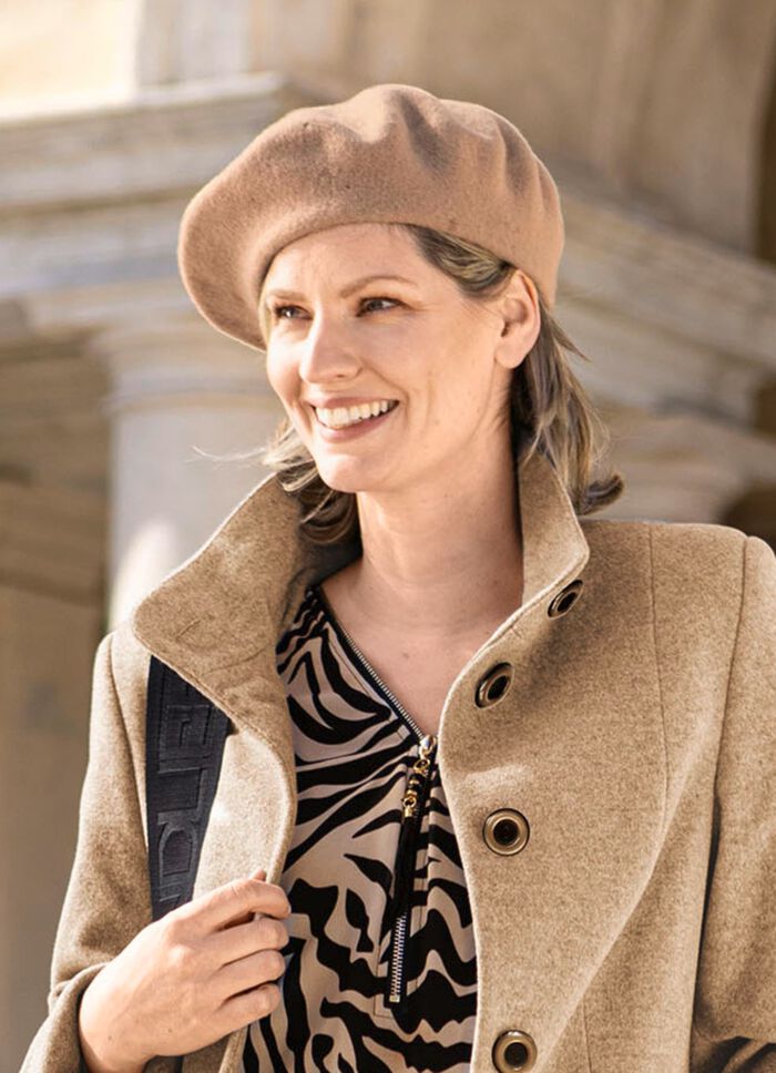 Edle Damen-Baskenm&uuml;tze, mit Walk aus Schurwolle CAMEL
