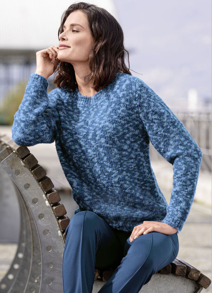 Pullover aus hochwertigem Bouclégarn PETROL-HELLBLAU-MULTICOLOR