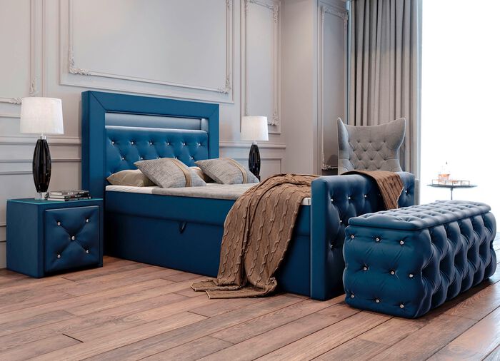 Boxspringbett mit LED-Beleuchtung, Topper und Nachttisch DUNKELBLAU