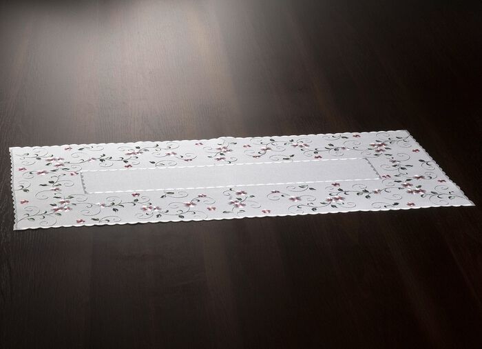 Bestickte Tisch- und Raumdekoration mit Blümchen-Bordüre WOLLWEISS-ROSA