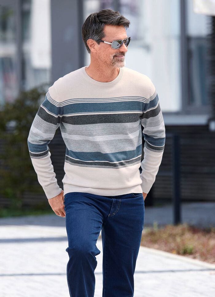 Gestreifter Rundhalspullover NATUR-GRAU-JEANSBLAU GESTREIFT