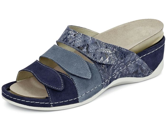 Mubb, bequeme Damen-Pantoletten, Weite H, mit herausnehmbarem Fussbett BLAU