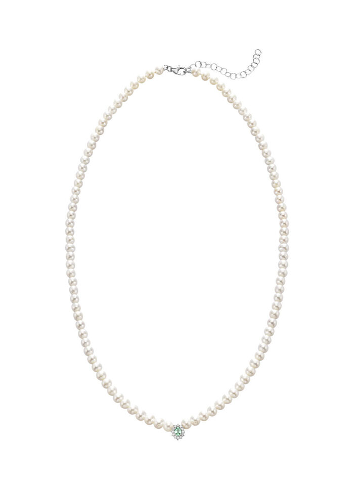 Halskette mit Süsswasser-Zuchtperlen, echt Smaragd und Brillanten 