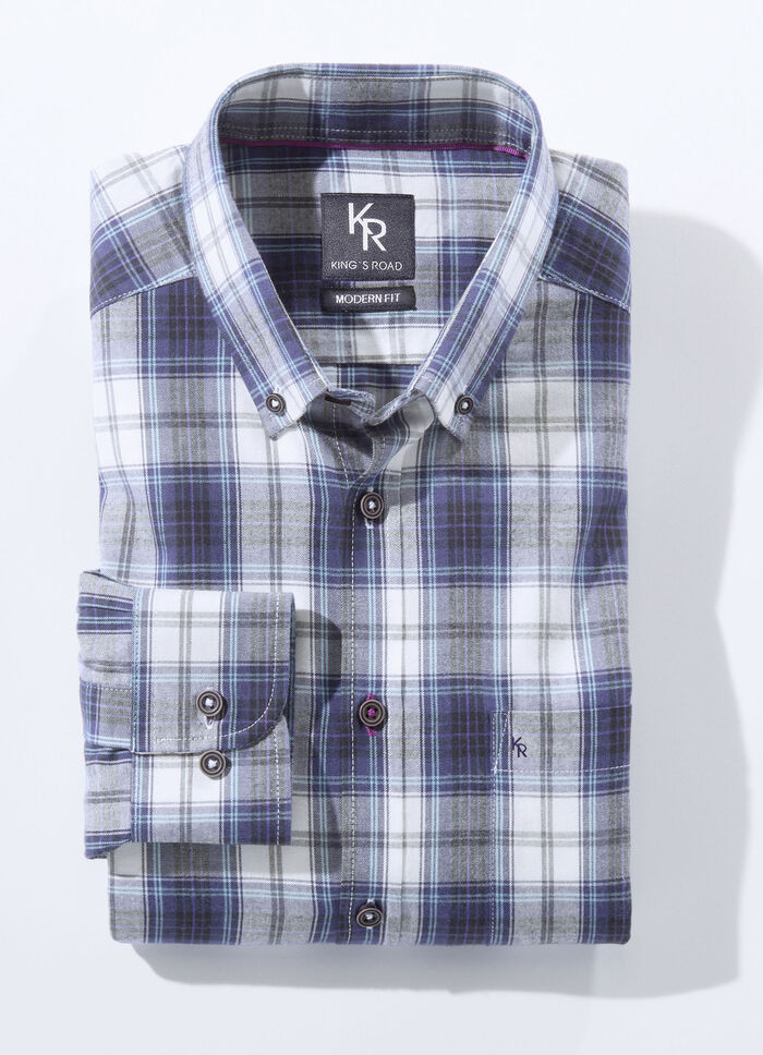 Hemd von «King's Road» mit Button-Down-Kragen in 3 Farben DUNKELLILA-ECRU KARIERT