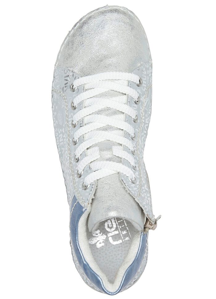 Rieker Schn&uuml;r-Bootie aus originell bedrucktem Synthetikmaterial SILBERGRAU-BLEU