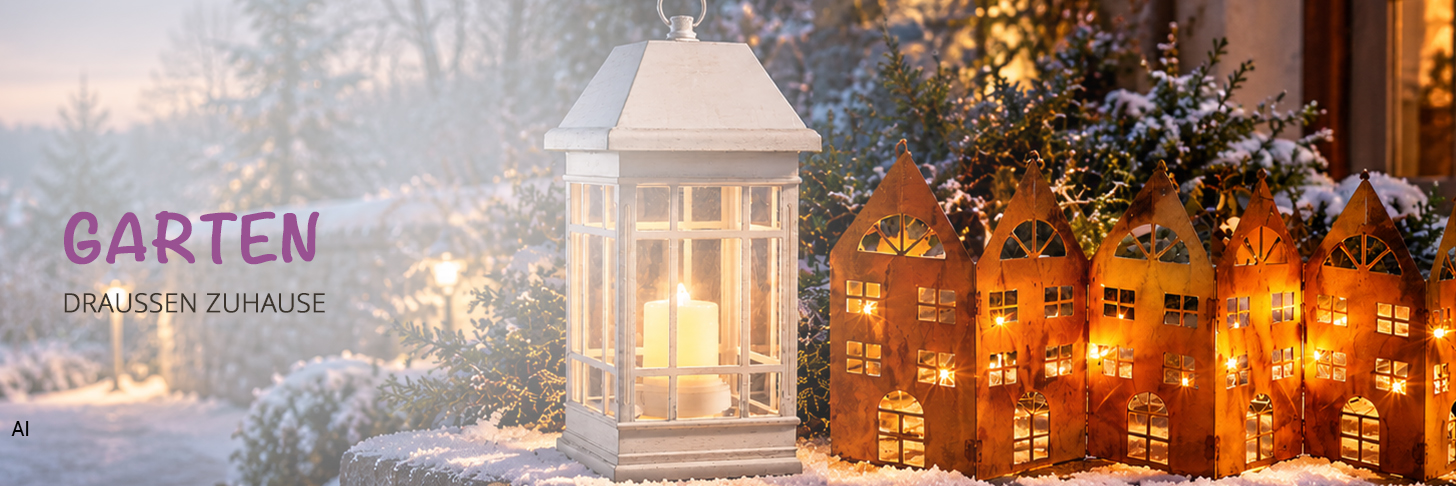 Winterlicher Garten mit leuchtenden Laternen, dekorativen Lichterh&auml;usern und verschneiten Pflanzen.